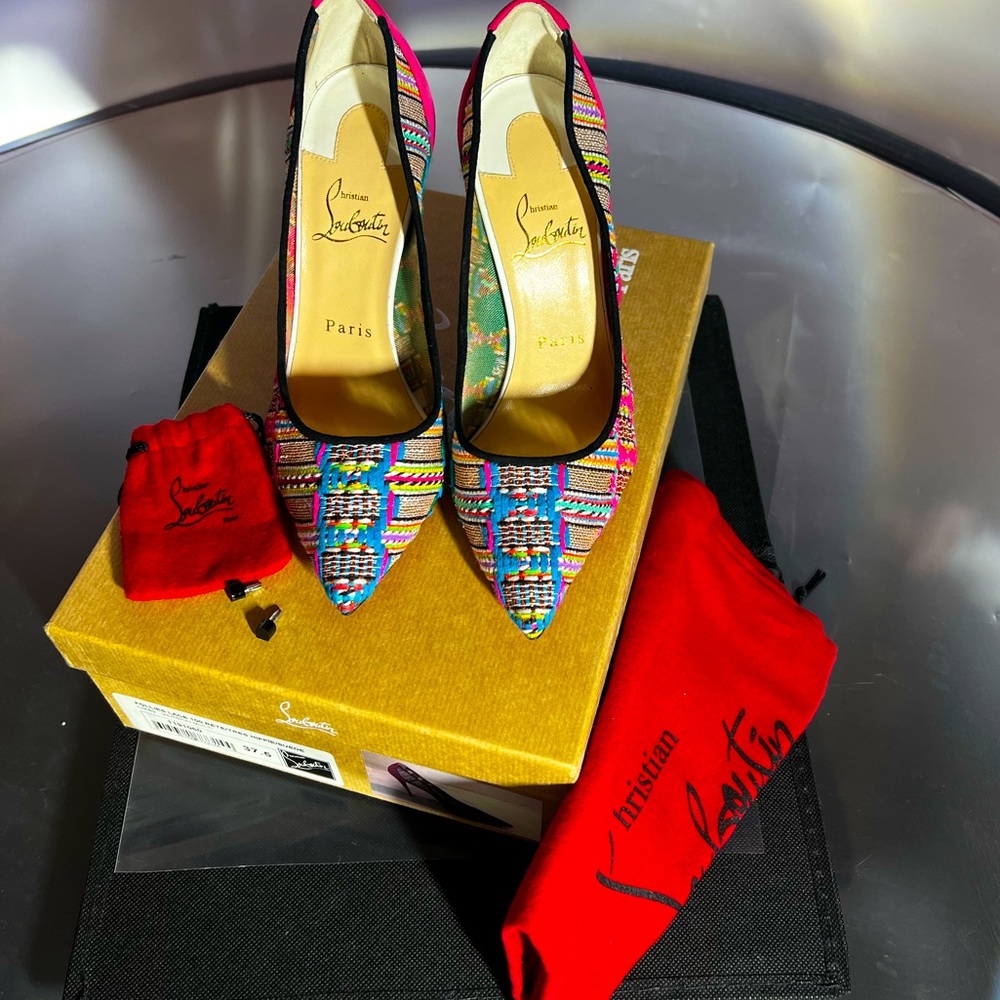 Louboutin 100MM 37.5 Follies Lace/Tres Hippie/Suede Multi-Colored Pumps